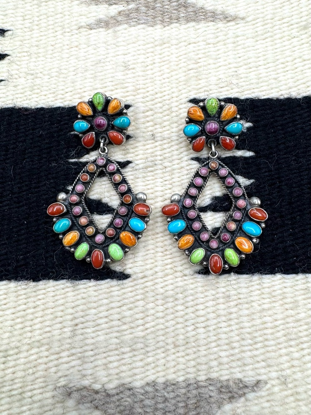 Don Lucas Southwestern Silver Multi Stone Cluster Dangle Statement Earrings